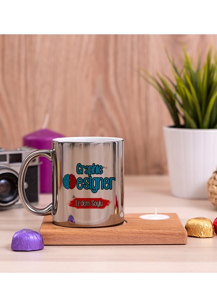 Kişiye Özel Grafiker Ahşap Altlıklı Mumlu Silver Kupa Bardak