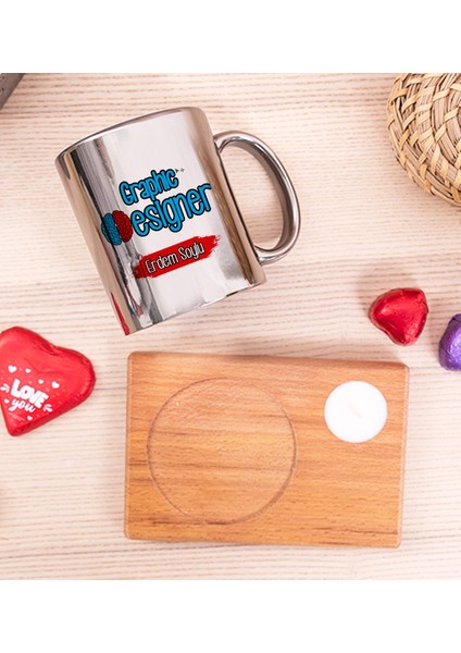 Kişiye Özel Grafiker Ahşap Altlıklı Mumlu Silver Kupa Bardak fiyatları