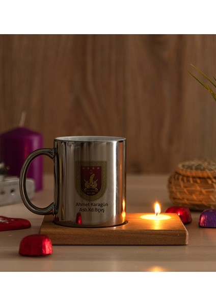 Kişiye Özel Kara Kuvvetleri Ahşap Altlıklı Mumlu Silver Kupa Bardak modelleri