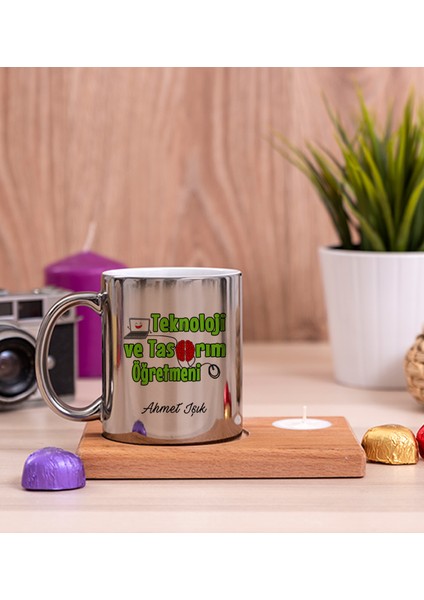 Kişiye Özel Teknoloji ve Tasarım Öğretmeni Ahşap Altlıklı Mumlu Silver Kupa Bardak