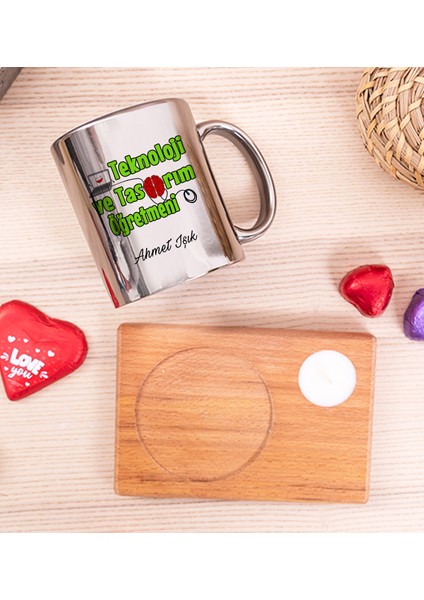 Kişiye Özel Teknoloji ve Tasarım Öğretmeni Ahşap Altlıklı Mumlu Silver Kupa Bardak fiyatları