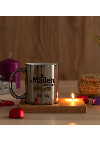 Kişiye Özel Maden Teknolojisi Öğretmeni Ahşap Altlıklı Mumlu Silver Kupa Bardak modelleri