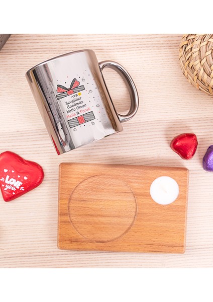 Kişiye Özel Sevgililer Günü Hediyesi Ahşap Altlıklı Mumlu Silver Kupa Bardak fiyatları