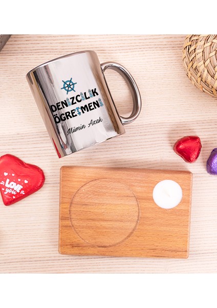 Kişiye Özel Denizcilik Öğretmeni Ahşap Altlıklı Mumlu Silver Kupa Bardak fiyatları