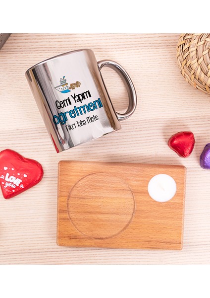 Kişiye Özel Gemi Yapımı Öğretmeni Ahşap Altlıklı Mumlu Silver Kupa Bardak fiyatları