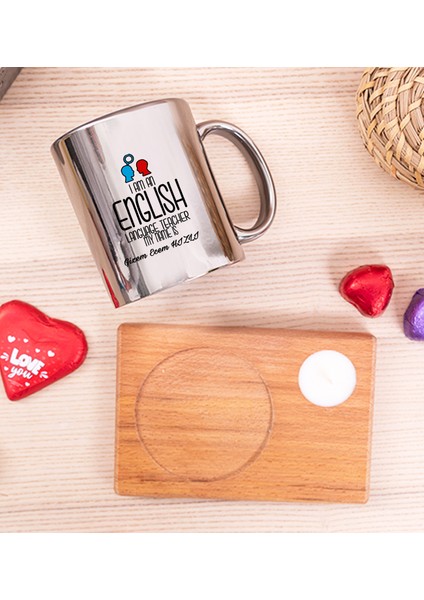 Kişiye Özel Ingilizce Öğretmeni Ahşap Altlıklı Mumlu Silver Kupa Bardak fiyatları