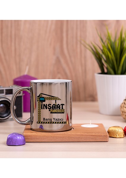 Kişiye Özel Inşaat Mühendisi Ahşap Altlıklı Mumlu Silver Kupa Bardak