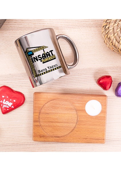 Kişiye Özel Inşaat Mühendisi Ahşap Altlıklı Mumlu Silver Kupa Bardak fiyatları