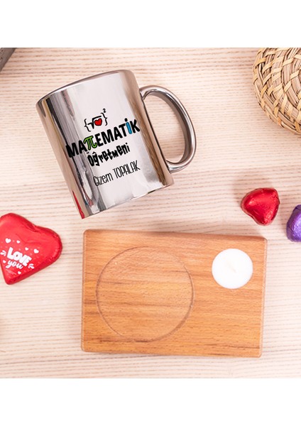 Kişiye Özel Matematik Öğretmeni Ahşap Altlıklı Mumlu Silver Kupa Bardak fiyatları