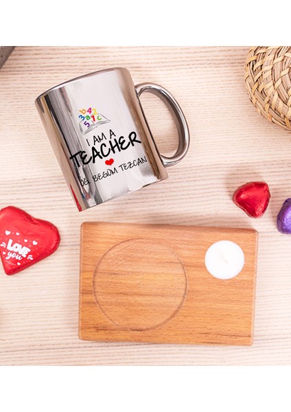 Kişiye Özel Öğretmen Ahşap Altlıklı Mumlu Silver Kupa Bardak fiyatları