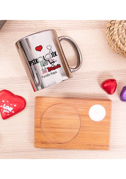 Kişiye Özel Psikolojik Danışman Ahşap Altlıklı Mumlu Silver Kupa Bardak fiyatları