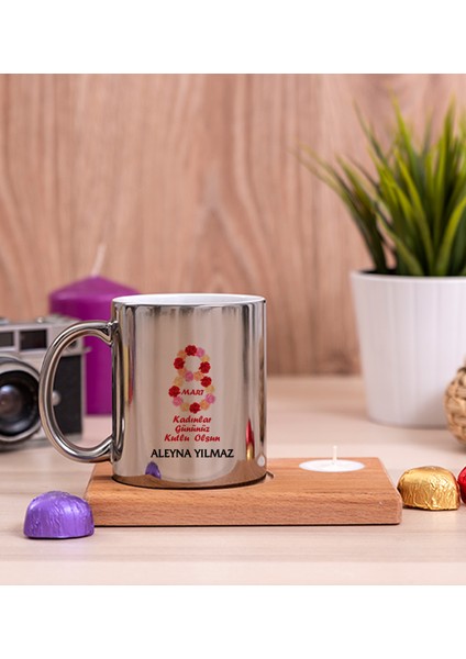 Kişiye Özel Kadınlar Günü Hediyesi Ahşap Altlıklı Mumlu Silver Kupa Bardak