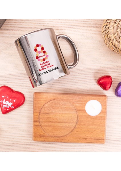 Kişiye Özel Kadınlar Günü Hediyesi Ahşap Altlıklı Mumlu Silver Kupa Bardak fiyatları