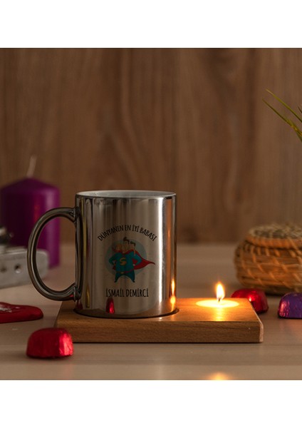 Kişiye Özel Süper Baba Ahşap Altlıklı Mumlu Silver Kupa Bardak