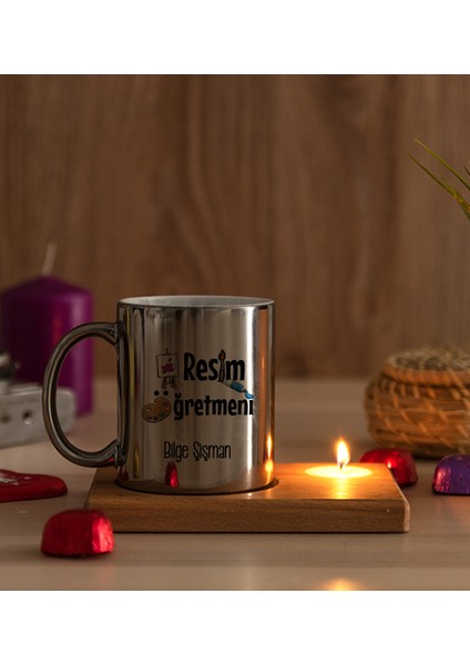 Kişiye Özel Resim Öğretmeni Ahşap Altlıklı Mumlu Silver Kupa Bardak modelleri