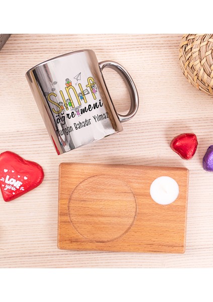 Kişiye Özel Sınıf Öğretmeni Ahşap Altlıklı Mumlu Silver Kupa Bardak fiyatları