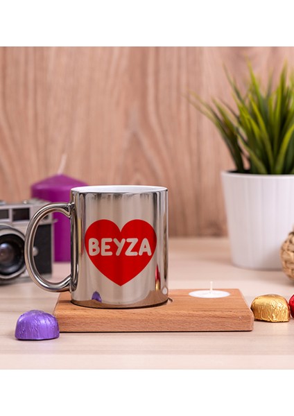 Kişiye Özel Isim Yazılı Kırmızı Kalpli Ahşap Altlıklı Mumlu Silver Kupa Bardak