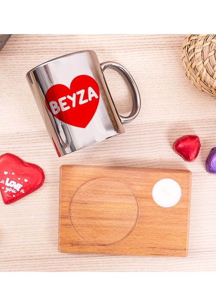 Kişiye Özel Isim Yazılı Kırmızı Kalpli Ahşap Altlıklı Mumlu Silver Kupa Bardak fiyatları