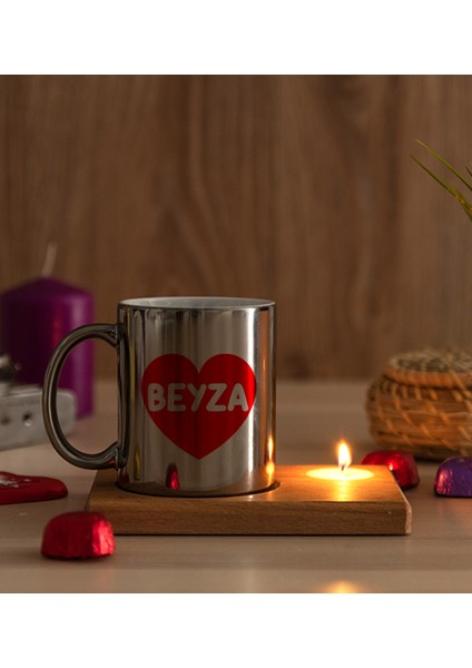 Kişiye Özel Isim Yazılı Kırmızı Kalpli Ahşap Altlıklı Mumlu Silver Kupa Bardak modelleri