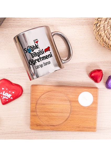 Kişiye Özel Sağlık Bilgisi Öğretmeni Ahşap Altlıklı Mumlu Silver Kupa Bardak fiyatları