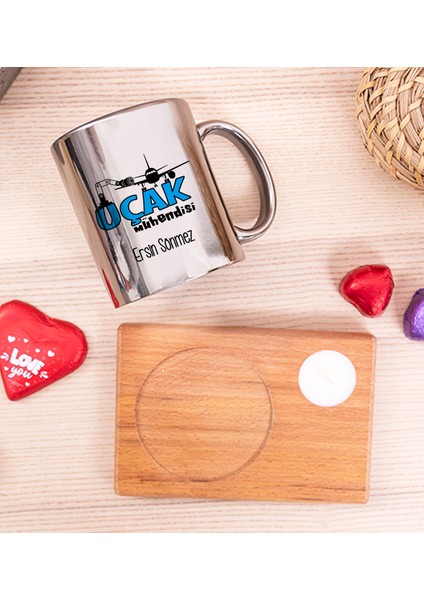 Kişiye Özel Uçak Mühendisi Ahşap Altlıklı Mumlu Silver Kupa Bardak fiyatları