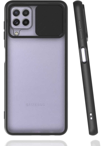 - Samsung Galaxy M22 - Kılıf Slayt Sürgülü Arkası Buzlu Lensi Kapak - Siyah - T20680