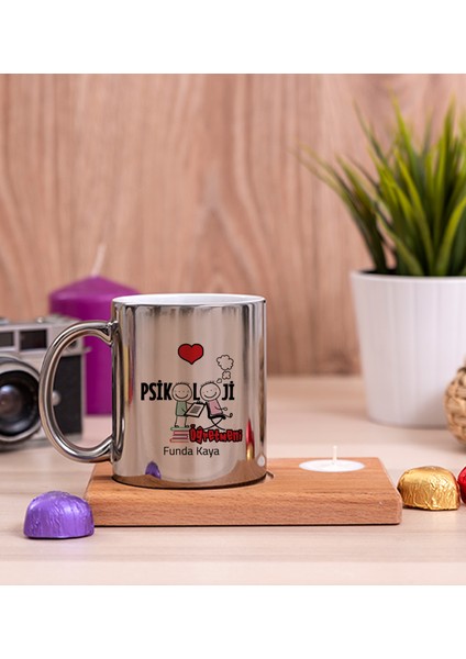 Kişiye Özel Psikoloji Öğretmeni Ahşap Altlıklı Mumlu Silver Kupa Bardak