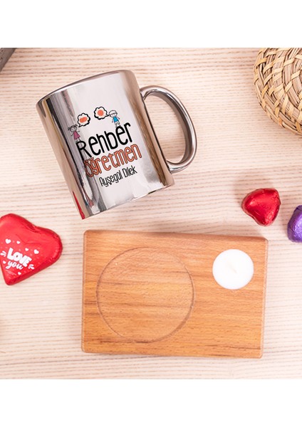 Kişiye Özel Rehber Öğretmen Ahşap Altlıklı Mumlu Silver Kupa Bardak fiyatları