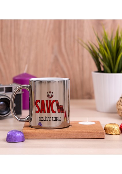 Kişiye Özel Savcı Ahşap Altlıklı Mumlu Silver Kupa Bardak