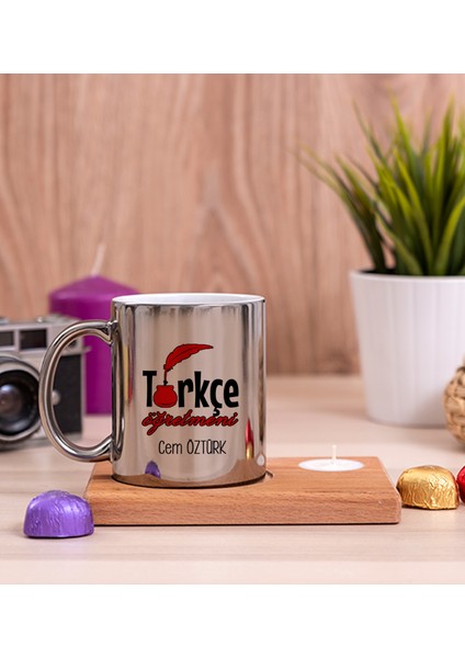 Kişiye Özel Türkçe Öğretmeni Ahşap Altlıklı Mumlu Silver Kupa Bardak