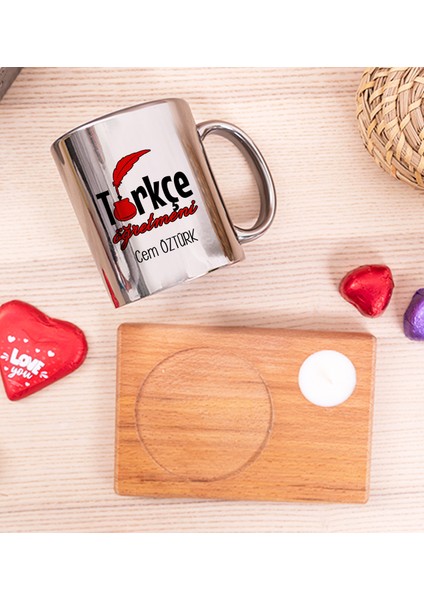 Kişiye Özel Türkçe Öğretmeni Ahşap Altlıklı Mumlu Silver Kupa Bardak fiyatları