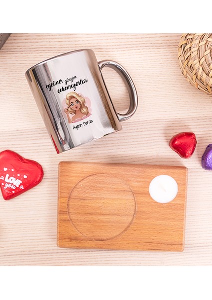 Kişiye Özel Eyeliner Gibiyim Çekemiyorlar Ahşap Altlıklı Mumlu Silver Kupa Bardak fiyatları