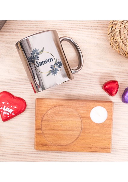 Kişiye Özel Çiçek Desenli Isme Özel Ahşap Altlıklı Mumlu Silver Kupa Bardak fiyatları