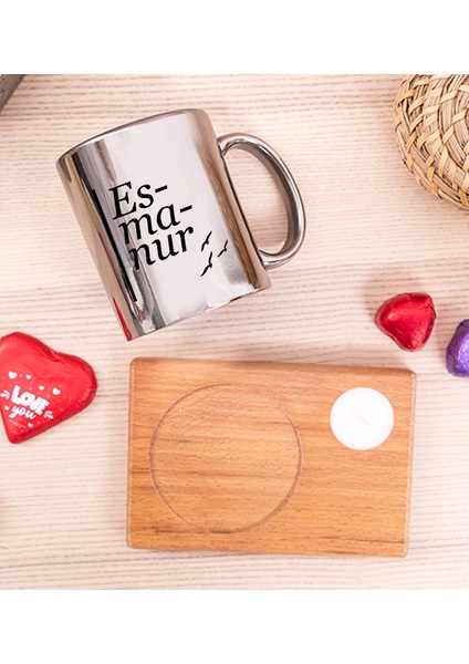 Kişiye Özel Isme Özel Heceli Ahşap Altlıklı Mumlu Silver Kupa Bardak fiyatları