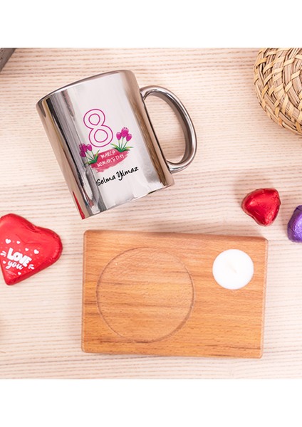 Kişiye Özel Kadınlar Günü Hediyesi Ahşap Altlıklı Mumlu Silver Kupa Bardak fiyatları