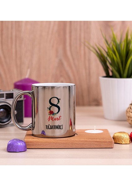 Kişiye Özel Kadınlar Gününe Özel Ahşap Altlıklı Mumlu Silver Kupa Bardak