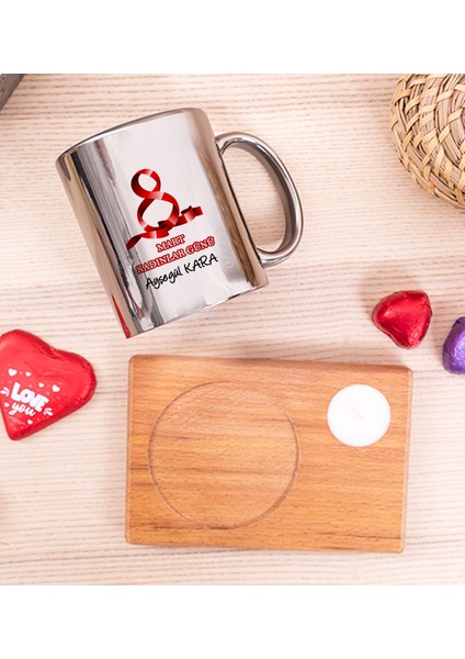 Kişiye Özel Kadınlar Günü Hediyesi Ahşap Altlıklı Mumlu Silver Kupa Bardak fiyatları