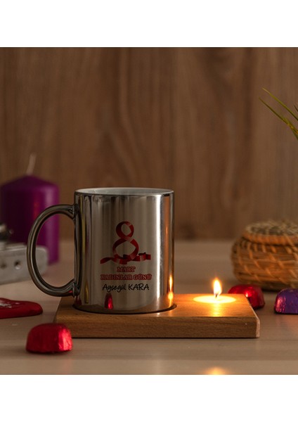 Kişiye Özel Kadınlar Günü Hediyesi Ahşap Altlıklı Mumlu Silver Kupa Bardak modelleri