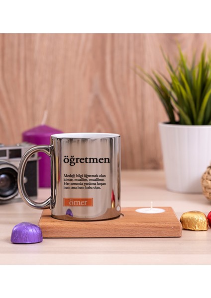 Kişiye Özel Öğretmen Kelime Anlamı Ahşap Altlıklı Mumlu Silver Kupa Bardak
