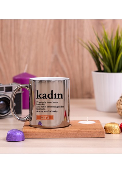 Kişiye Özel Kadın Kelime Anlamı Ahşap Altlıklı Mumlu Silver Kupa Bardak