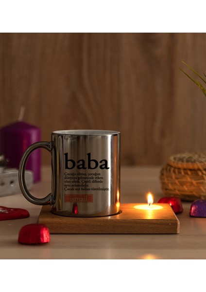 Kişiye Özel Baba Kelime Anlamı Ahşap Altlıklı Mumlu Silver Kupa Bardak