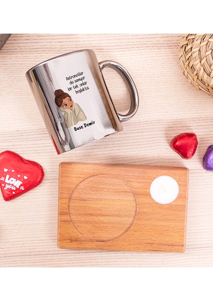 Kişiye Özel Astronotlar Sanıyor Ahşap Altlıklı Mumlu Silver Kupa Bardak fiyatları