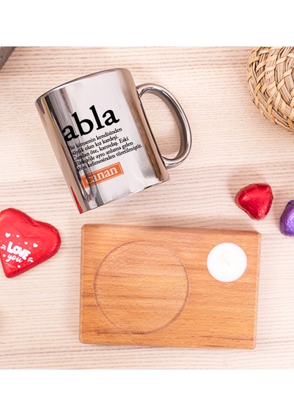 Kişiye Özel Abla Kelime Anlamı Ahşap Altlıklı Mumlu Silver Kupa Bardak fiyatları