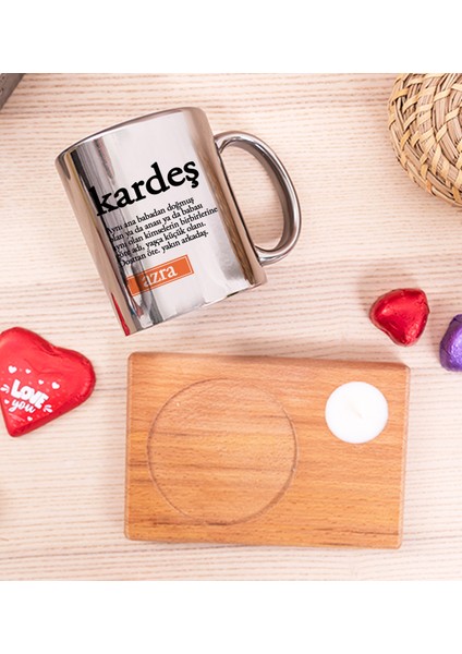 Kişiye Özel Kardeş Kelime Anlamı Ahşap Altlıklı Mumlu Silver Kupa Bardak fiyatları