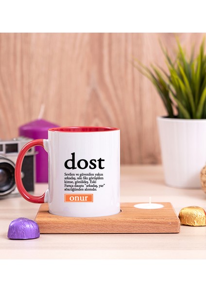 Kişiye Özel Dost Kelime Anlamı Ahşap Altlıklı Mumlu Kırmızı Kupa Bardak