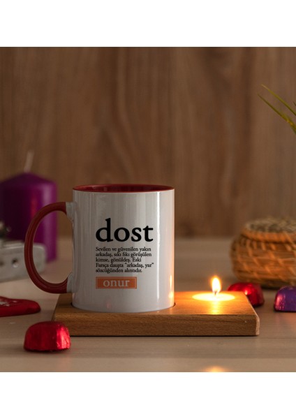 Kişiye Özel Dost Kelime Anlamı Ahşap Altlıklı Mumlu Kırmızı Kupa Bardak