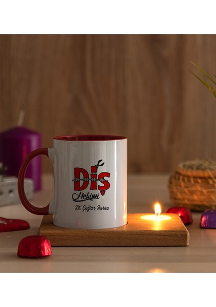 Kişiye Özel Diş Hekimi Ahşap Altlıklı Mumlu Kırmızı Kupa Bardak modelleri