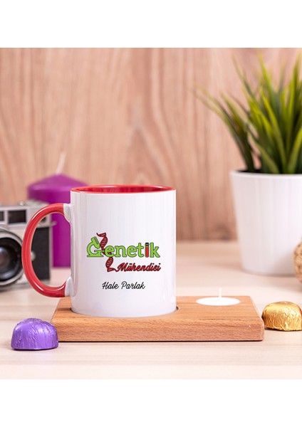 Kişiye Özel Genetik Mühendisi Ahşap Altlıklı Mumlu Kırmızı Kupa Bardak
