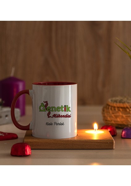 Kişiye Özel Genetik Mühendisi Ahşap Altlıklı Mumlu Kırmızı Kupa Bardak modelleri