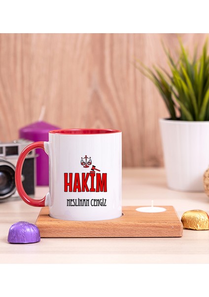 Kişiye Özel Hakim Ahşap Altlıklı Mumlu Kırmızı Kupa Bardak
